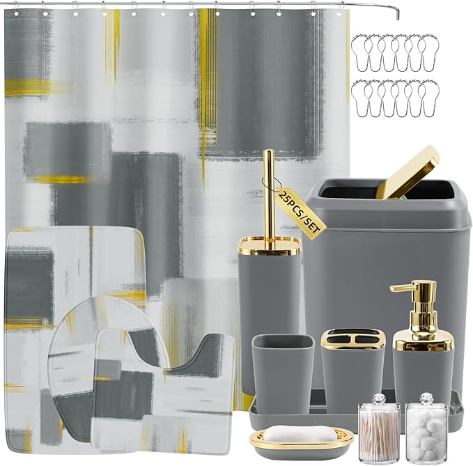 Bathroom Set - Grey and Gold Bathroom Accessories Set, Bathroom Sets with Shower Curtain and Rugs, Grey Shower Curtain Set with Bathroom Trash Can, Soap Dispenser, Soap Dish for Home Decor