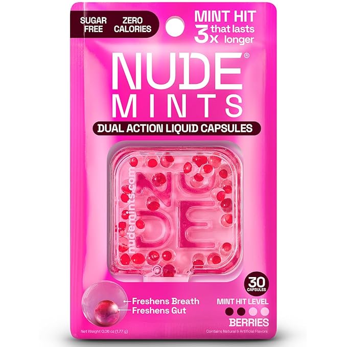 NUDE MINTS | Dual Action Liquid Capsules | Mouth Watering Mint - Lasts 3x Longer - 3x Stronger - Extreme Bad Breath Solution For Adults - Sugar Free, 0 Calorie - Berries - 5 Pack - 150 Capsules