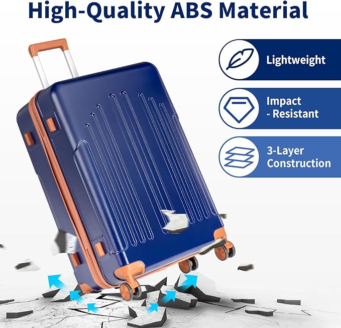 Karl home Luggage Sets 3 Piece, ABS Hardside Suitcase Set with Double Spinner Wheels & TSA Lock for Travel Business, 3-Piece Set (20/24/28), Navy Blue & Brown
