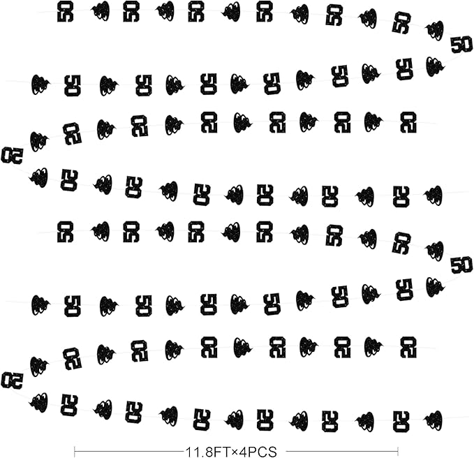 Black 50th Birthday Decorations Glitter Number 50 Birthday Garland Hanging Streamer Banner Backdrop for Women Mens Cheers to 50 Years Happy 50th Anniversary Funny 50th Bday Fiftylicious Party Decor