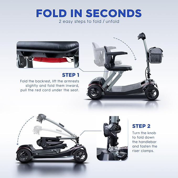 Mobility Scooters for Seniors & Adults Lightweight Foldable 15.53 Miles Airline Approved Removable Battery Powered Wheelchair with Detachable Front Bag & USB Charger Port