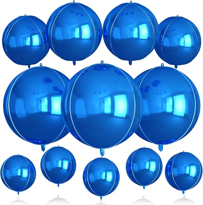 Biapian 12Pcs Dark Blue Round Foil Balloons, 22" 18" 15" 10" 4D Round Ball Shaped Balloon, Big Blue Metallic Balloons for Birthday Party Baby Shower Graduation New Year Eve Disco Decorations Supplies