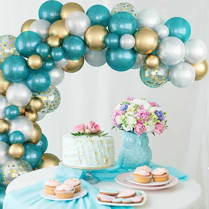 Matte Turquoise Blue Pearl White Balloons Garland Arch Kit Metallic Gold Balloon with Gold Confetti Latex Balloon Teal Blue Balloons Chrome Gold Party Decorations Supplies Birthday Baby Shower