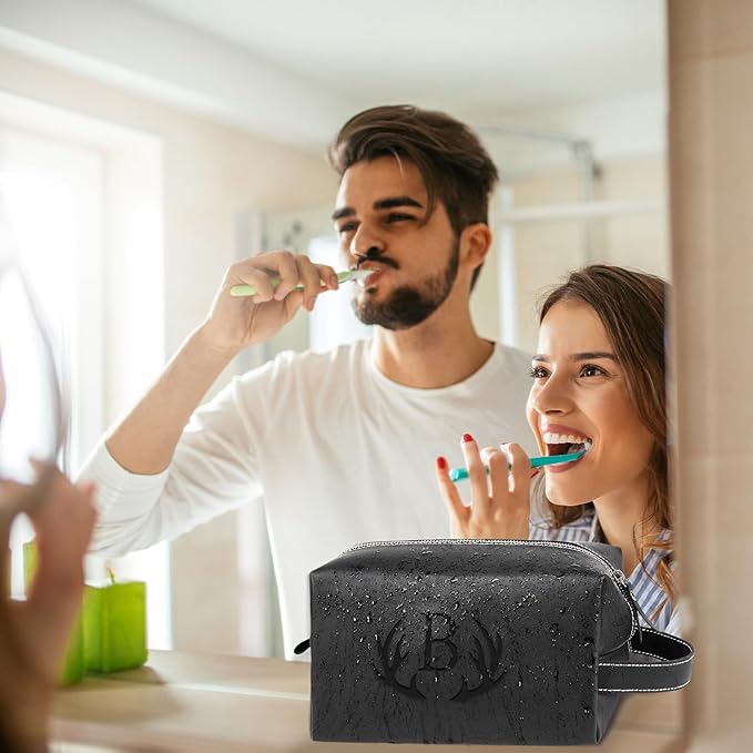 Personalized Gifts Travel Toiletry Bag for Men Engraved Initial PU Leather Waterproof Shaving Bag for Toiletries Accessories Fathers Day Birthday Gift for Men Dad Husband Son, Black N