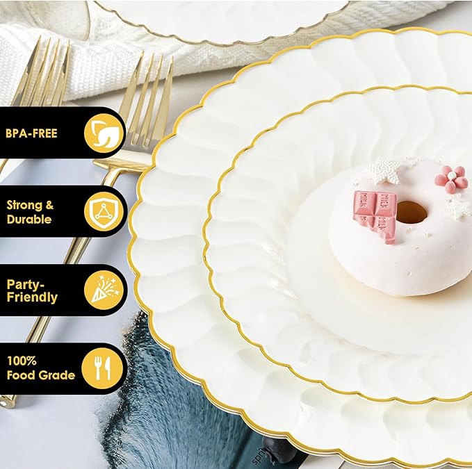 Lullaby 96PCS Ivory Scalloped Plastic Plates with Gold Rim, Disposable Elegant Plates Include 48pcs Dinner Plate 10.25", 48pcs Dessert Plate 7.5", Perfect for Daily Use, Wedding and Party
