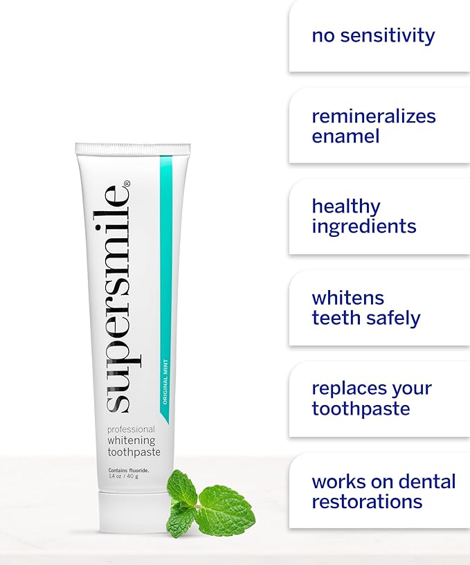 Supersmile Professional Whitening Toothpaste w/ Fluoride - Removes Stains & Whitens Teeth 6 Shades - Enamel Strengthening - No Sensitivity - Travel Size (Original Mint, 1.4 Oz)
