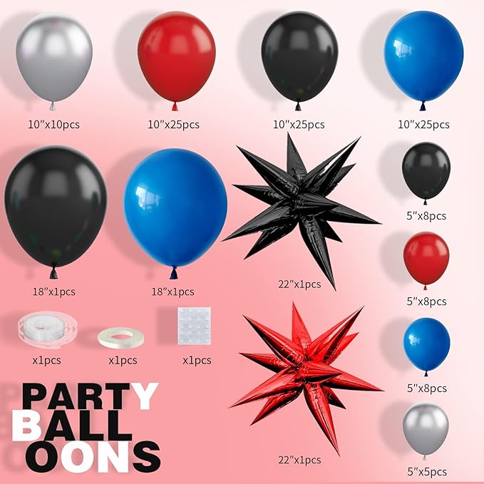 Red Blue Black Balloon Arch Kit, Blue and Red Balloon Arch Kit, Blue Black Balloons Garland with 22 Inch Star Foil Balloons for Men Boys Birthday Baby Shower Graduation Party Decorations