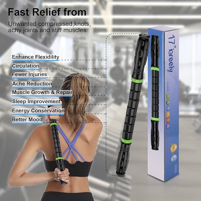 iGreely Premium Muscle Roller The Ultimate Massage Roller Stick 17 Inches Recommended by Physical Therapists Promotes Recovery Fast Relief for Cramps Soreness Tight Muscles Black