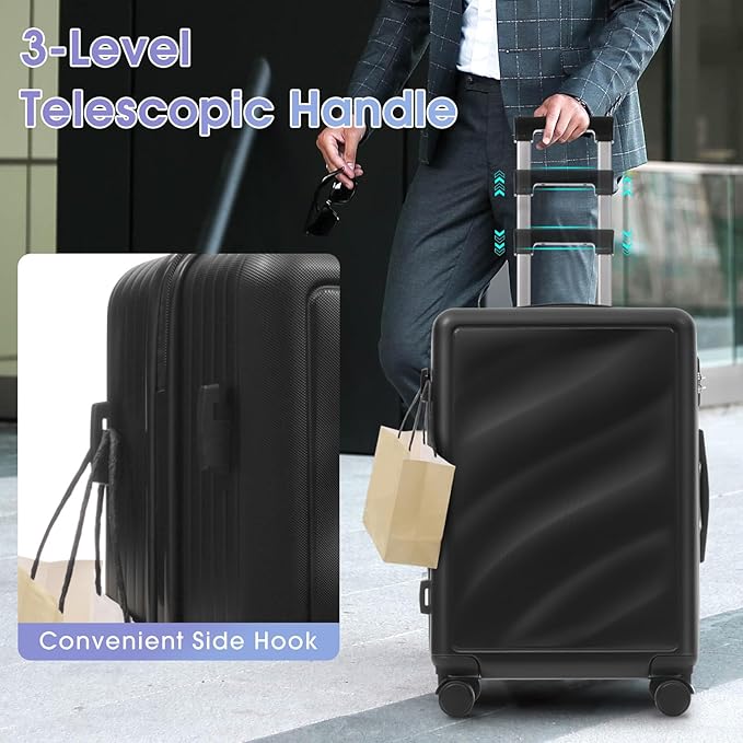 Hardside Luggage Sets, Lightweight Wave Suitcase with Spinner Wheels, Black Wavy Lines