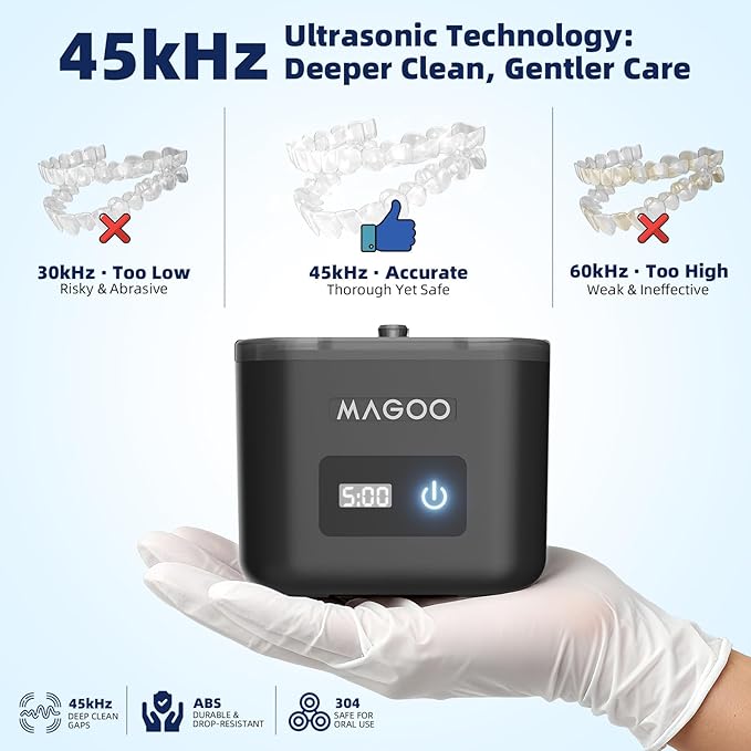 Ultrasonic Retainer Cleaner Machine, Denture Cleaner, All-in-One Dental & Jewelry Cleaner for Aligners, Night Guards, Dentures, Braces, Mouth Guards, Toothbrush Heads, 45kHz, 200ML, Dual Modes