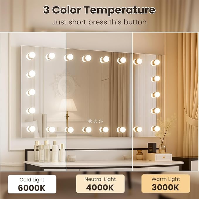 WTTY LED Bathroom Mirror with Lights 60"x30" Hollywood Wall-Mounted Mirror with 3 Color Temperatures, Stepless Dimmable Bulbs, Anti-Fog & Shatter-Proof