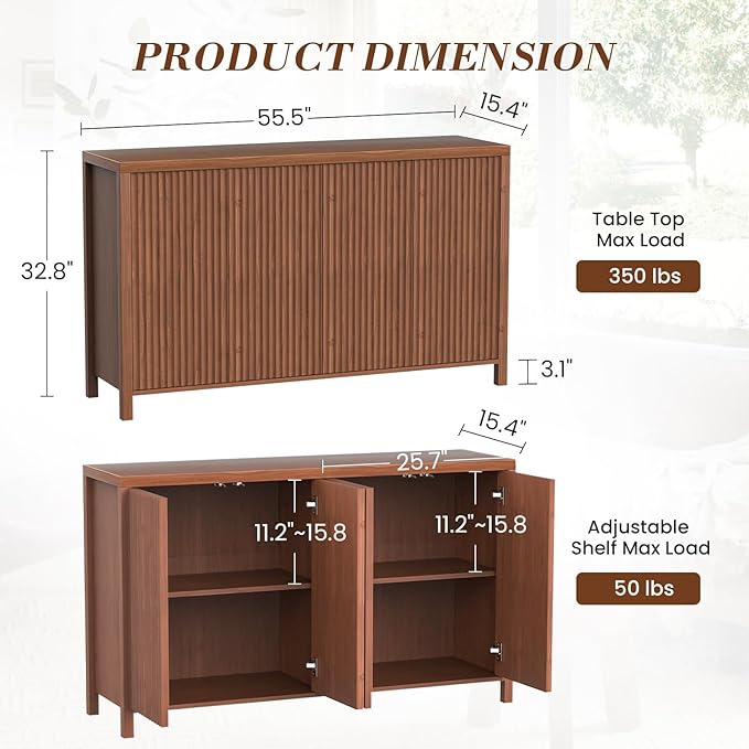 YOUDENOVA Fluted Buffet Cabinet with Storage, Modern Sideboard Cabinets with 4 Doors & Adjustable Shelves, Accent 56” Credenza Storage Cabinet, Wood Entryway Cabinet for Living Room Hallway, Brown