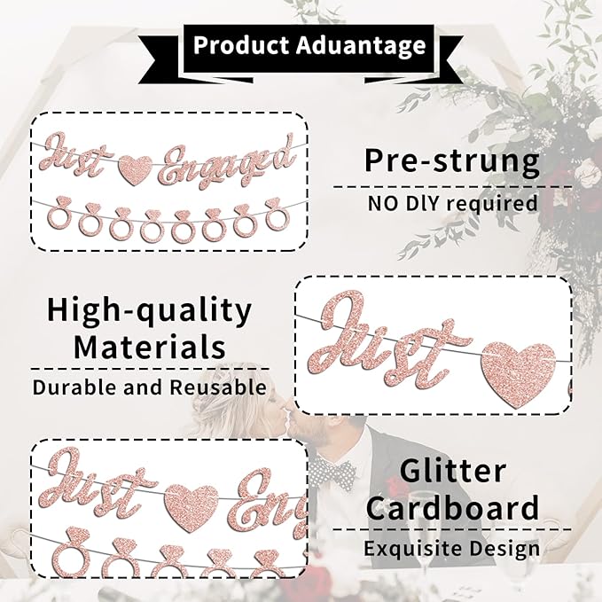 Just Engaged Banner, No DIY, Glitter Rose Gold Engagement Party Decorations and Diamond Ring Banner Sign for Bridal Shower Wedding Shower Bachelorette Party Decorations.