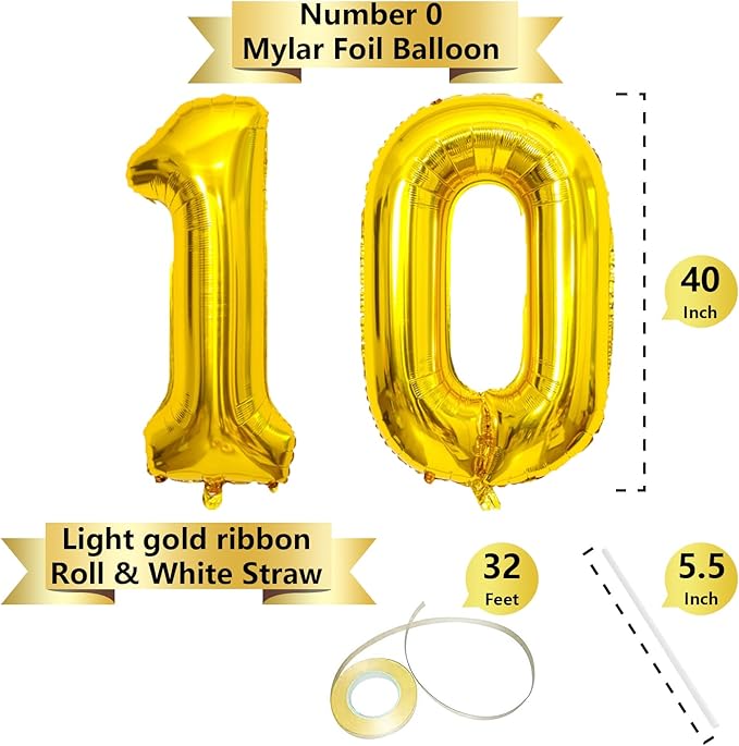 SINBEE Gold 10 Number Balloon, 40 Inch Mylar Foil Reusable Party Decoration for Birthday, Anniversary, Ceremony, Business Event