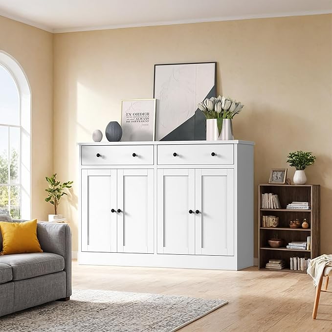 49" White Buffet Cabinet with Doors & Drawers, Modern Kitchen Storage Sideboard, Coffee Bar Console for Dining Room, Living Room, Entryway