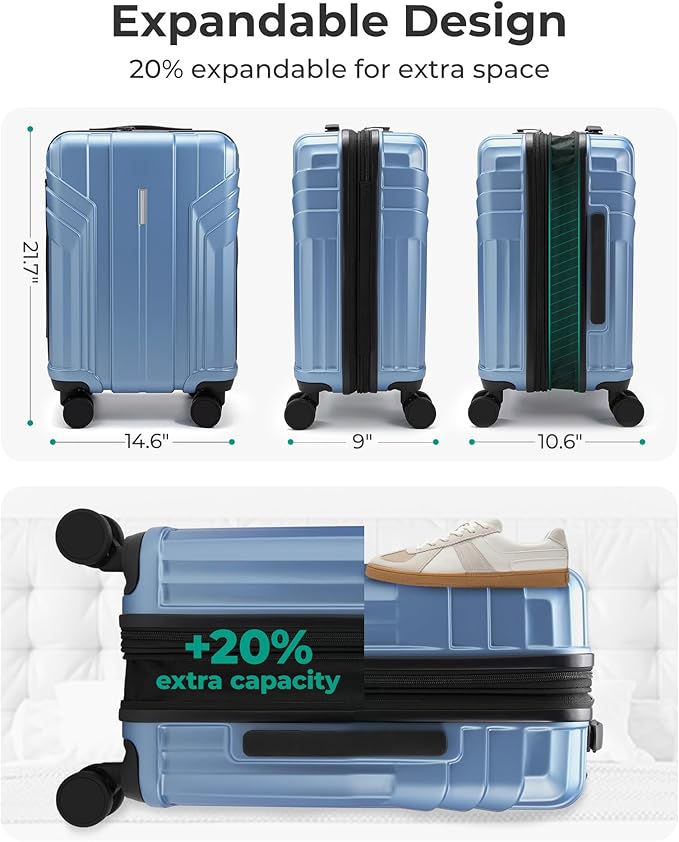 BAGSMART Expandable Carry On Luggage 22x14x9 Airline Approved, 1OO% PC Lightweight Hard Shell Suitcase, 20 Inch Travel Luggage with Spinner Wheels, Waterproof Rolling Suitcase,Blue