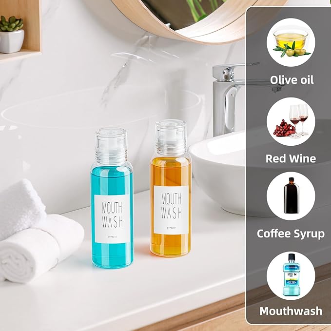 VITVITI Glass Mouthwash Dispenser for Bathroom, 10 OZ Mouth Wash Container Bottle with Lid Cup, Countertop Small Clear Refillable Mouthwash Dispensers Decanter, Set of 2 (White)