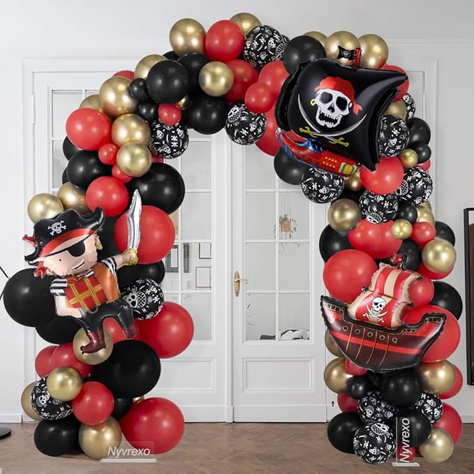 Pirate Birthday Party Decorations, 142Pcs Red Black Metallic Gold Balloon Garland Arch Kit with Pirate Ship Foil Mylar Balloon for Halloween Pirate Summer Sea Sailing Adventure Ocean Theme Party