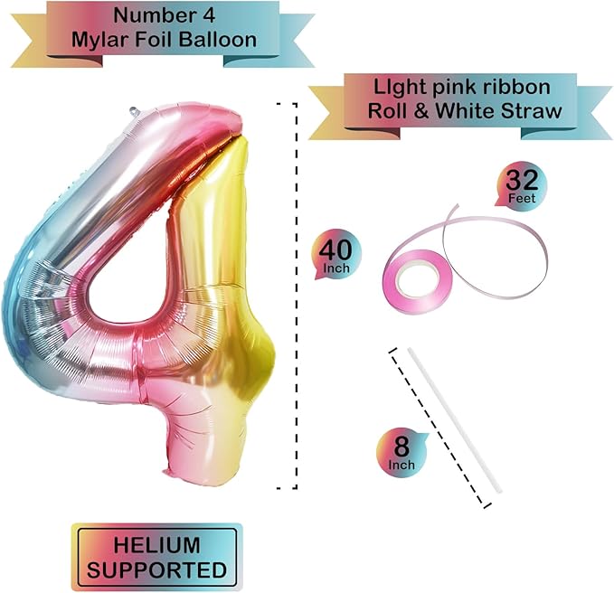 40 Inch Giant Rainbow Number 4 Balloons, Birthday Balloons, Helium Mylar Foil Big Number Balloons for Birthday Party Decorations, Kids' Birthday Anniversary Party Baby Shower Unicorn Parties