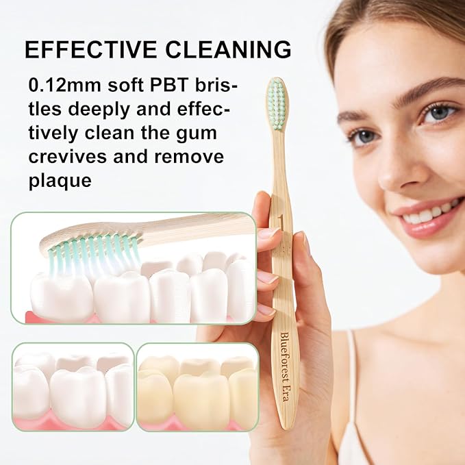 Bamboo Toothbrushes 10 Count Set, BPA Free Soft PBT Bristles, Natural Eco-Friendly Wooden Toothbrush, Organic Biodegradable Travel Tooth Brush for Adults