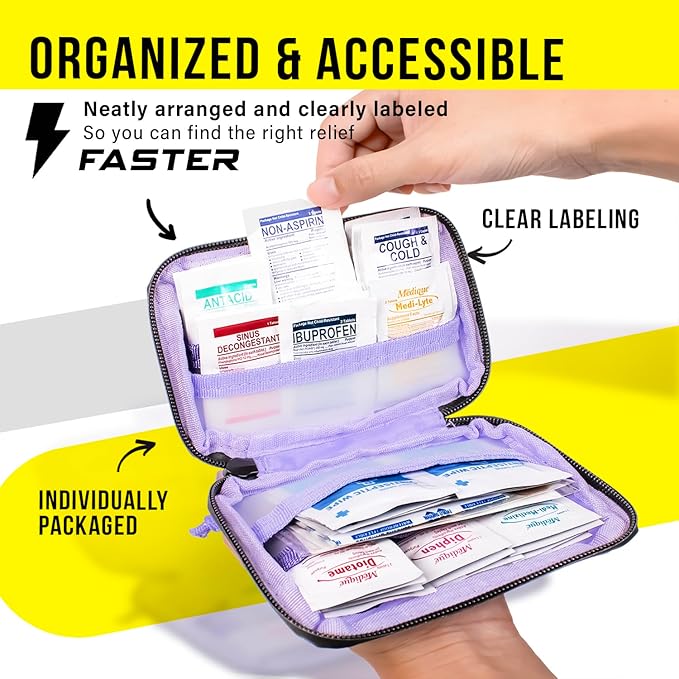 EVERLIT CARE Travel Essential Medicine First Aid Kit I Bonus Medical Supplies I TSA Compliant Mini Size Medkit for Traveling Camping Trips Individually Packed 64 Tablets (Blue)