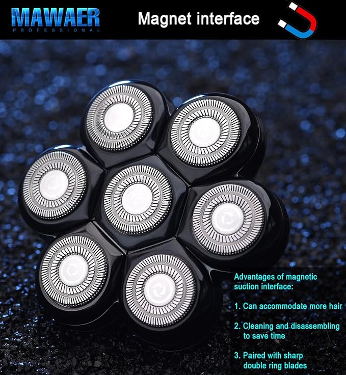 Universal Magnetic Interface 7 Blades Head Shaver Replacement Heads for Freedom Series Head Shaver, Universal Replacement Heads Wet and Dry (7 Blades, Magnetic Interface)