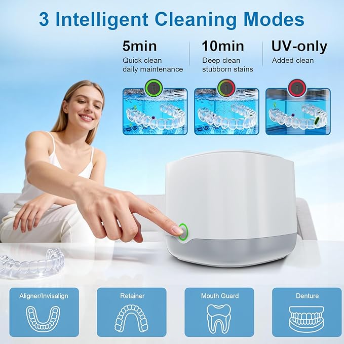 Ultrasonic Retainer Cleaner, 45kHz Retainer Cleaner Machine UV-C Dental Cleaning Pod Lights, 24W, 4000mAh, 200ml, for Denture, Night Guard, Mouth Guard, Aligner, Brace, Multiple