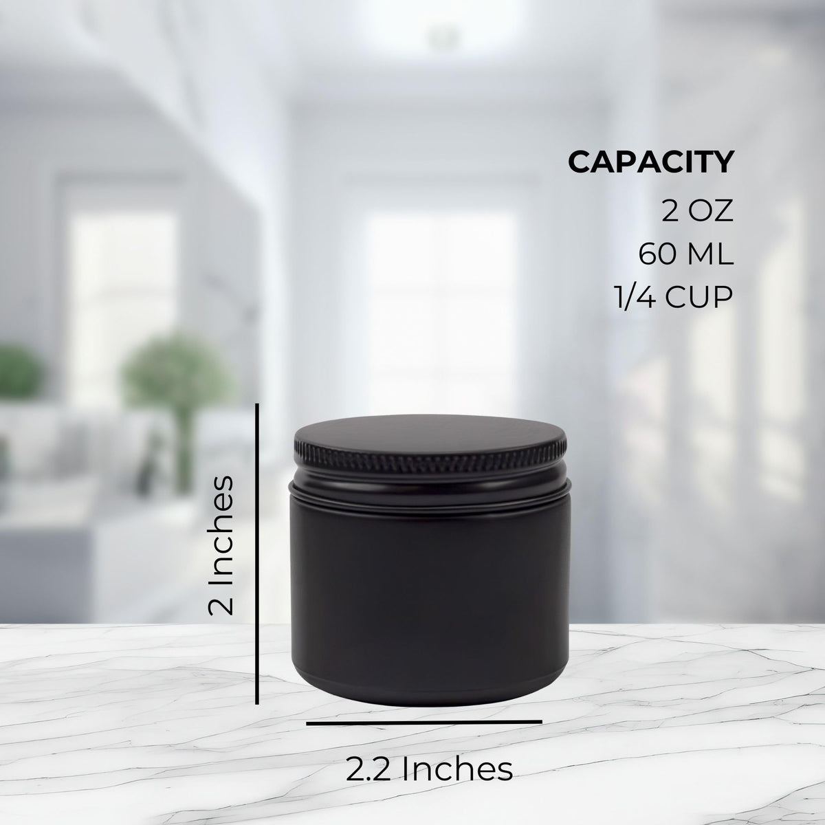 Cornucopia Brands 2-Ounce Black Coated Glass Jars (Pack of 12) Cosmetic Jars with Black Metal Lids and Black Matte Exterior
