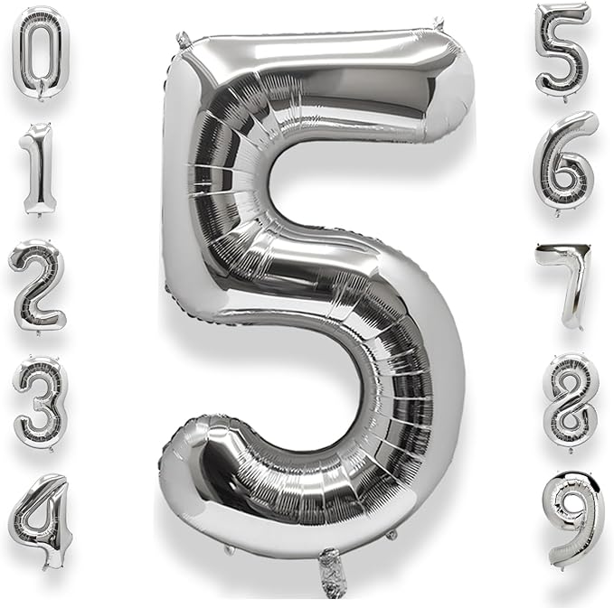 AULE 40 Inch Big Silver 5 Balloon Number Large Foil Helium Number Balloons 0-9 Jumbo Giant Happy 5th Birthday Party Decorations for Boy or Girl Huge Mylar Anniversary Party Supplies
