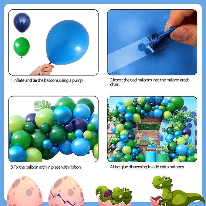 FunHot Blue Green Balloon Arch Kit, Dinosaur Balloon Garland Kit with Fruit Green Dark Navy Blue Latex Balloons for Boys Baby Shower Jungle Safari Kids Dinosaur Themed Birthday Party Decorations