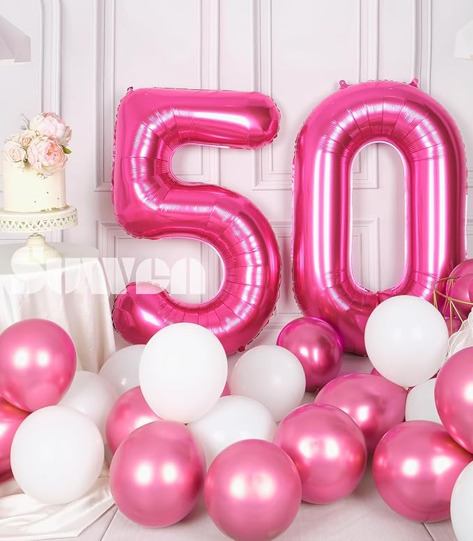 SUWEN 40 Inch Large Hot Pink 50 Balloon Numbers Big Foil Helium Number Balloons 0-9 Jumbo Happy 50th Mylar Birthday Party Decorations for Women Anniversary Party Supplies