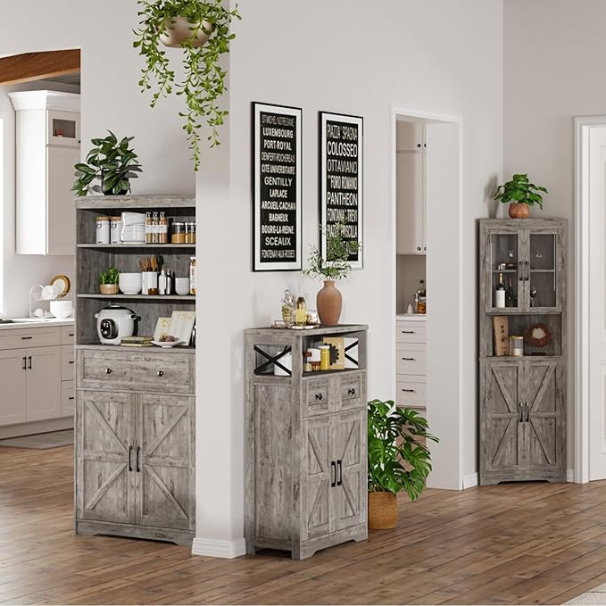 Small Farmhouse Storage Cabinet with Barn Doors, Farmhouse Kitchen Pantry Cabinet, Tall Coffee Bar with Storage, Hutch Cupboard for Kitchen, Laundry, Living Room, Washed Grey