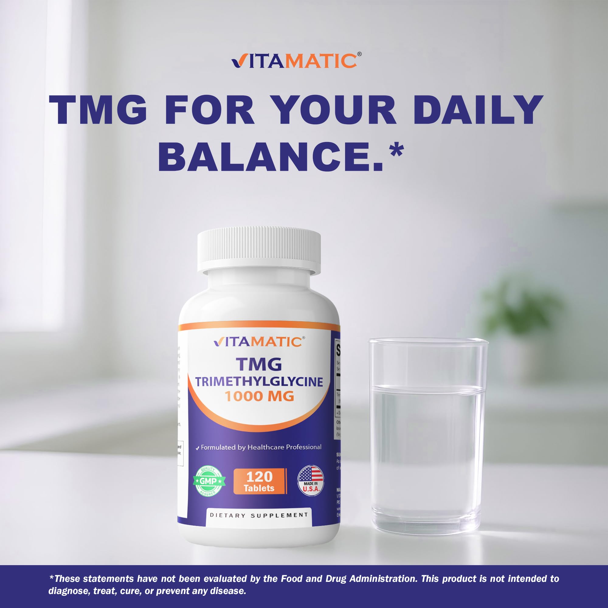Vitamatic TMG Supplements 1000mg - Trimethylglycine - Betaine Anhydrous - 120 Tablets - 120 Servings - Non-GMO & Gluten Free (3 Bottles)