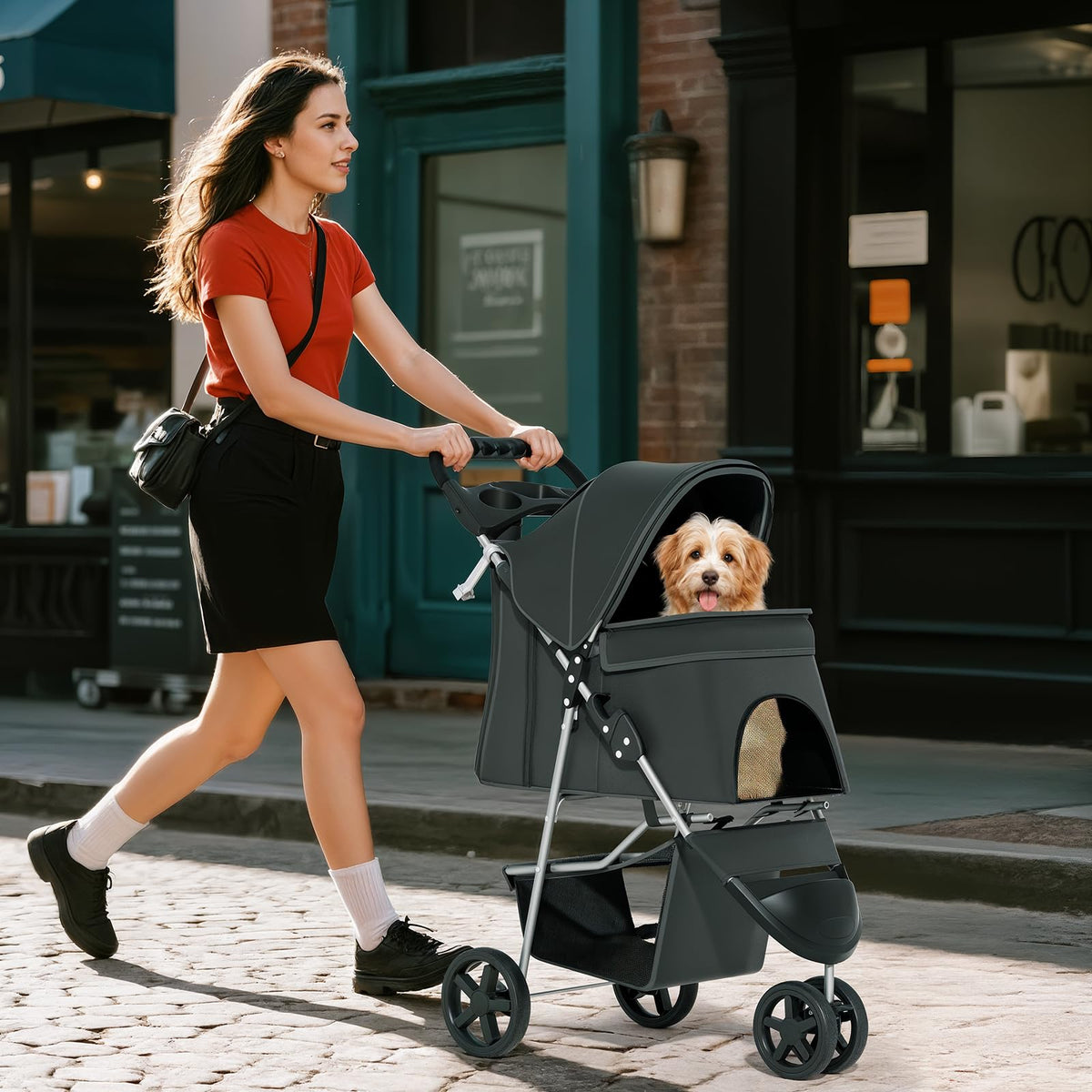 Pet Stroller for Small Dogs 10 lbs, Dog Stroller for Medium Dogs 30 lbs, Cat Strollers for 2 Cats, 3 Wheels Foldable Jogger Puppy Stroller with Storage Basket and Cup Holder, Carbon Black