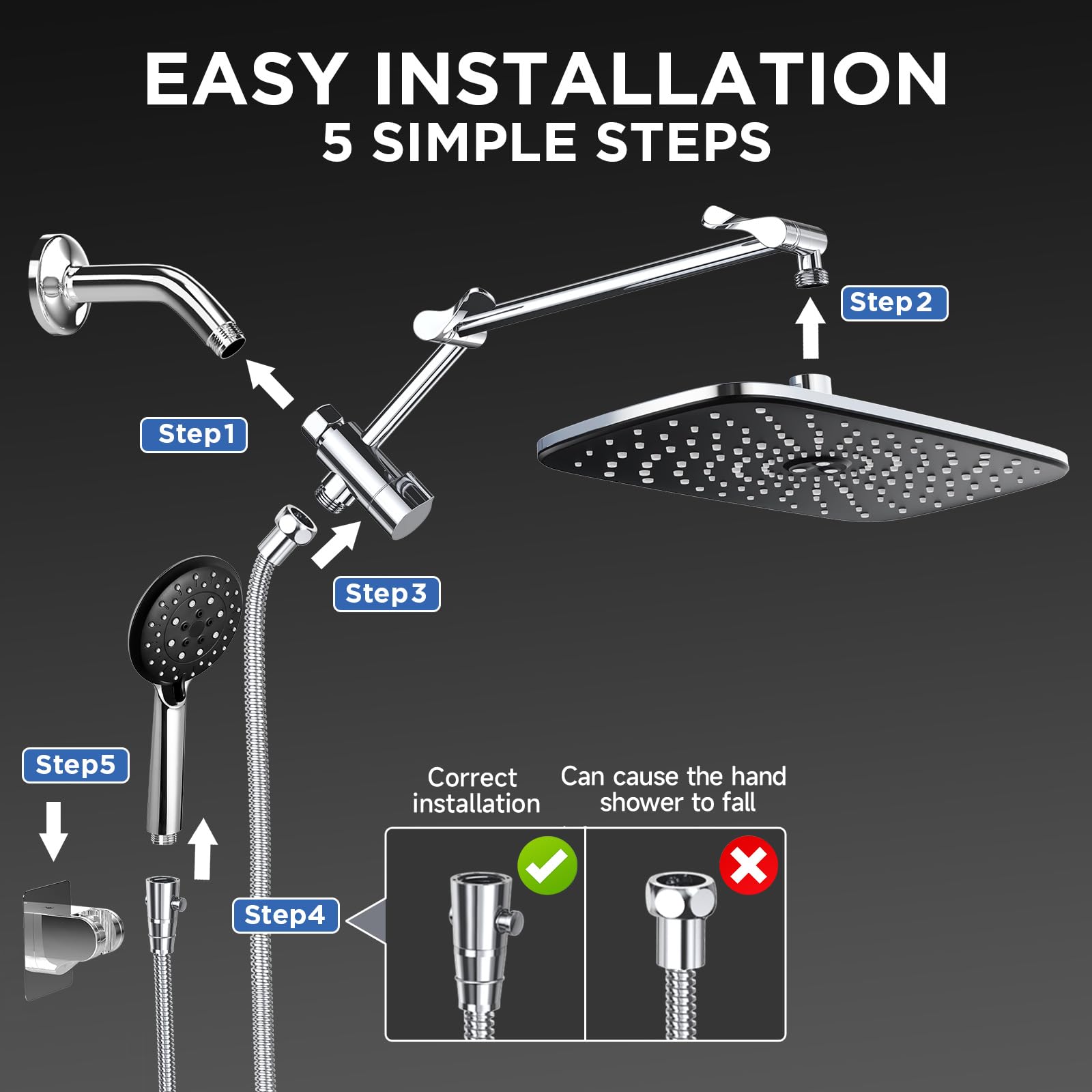 Veken 12" Wide High Pressure Rain Shower Head with Handheld