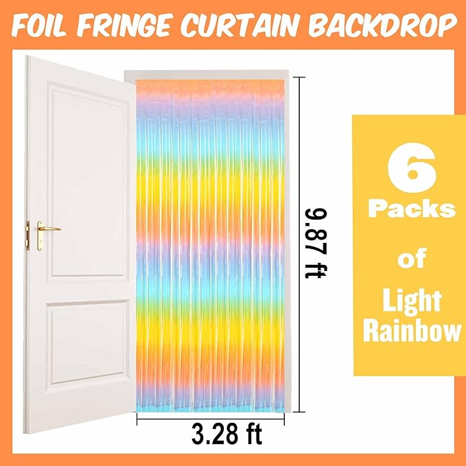 6 Pack Light Rainbow Foil Fringe Curtains Backdrop, 3.28 x 9.8 Ft Metallic Streamers Tinsel Curtains Background for Photo Booth, Birthday, Halloween, Christmas, New Year Party Decorations