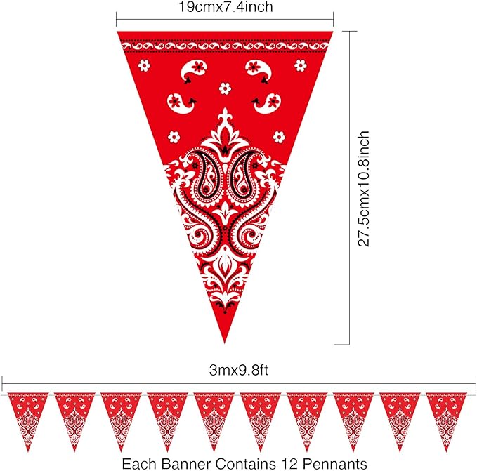 Boao 5 Pack Western Cowboy Party Decorations Bandana Pennant Banner Wild West Decor Western Cowboy Themed Yee Haw Country Party Decoration Supplies 9.8 x 5 ft(Red Paisley)