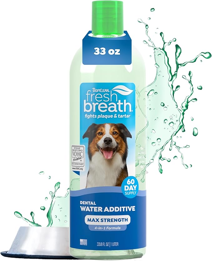 TropiClean Fresh Breath Advanced Whitening Water Additive for Dogs, Max Strength Dog Teeth Cleaning and Breath Freshener Solution, 33.8oz