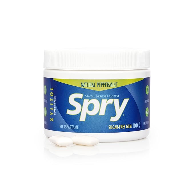 Spry Fresh Natural Xylitol Chewing Gum Dental Defense System - Aspartame-Free, Sugar-Free, Non-GMO, Gluten-Free (Peppermint, 100 Count - Pack of 2)