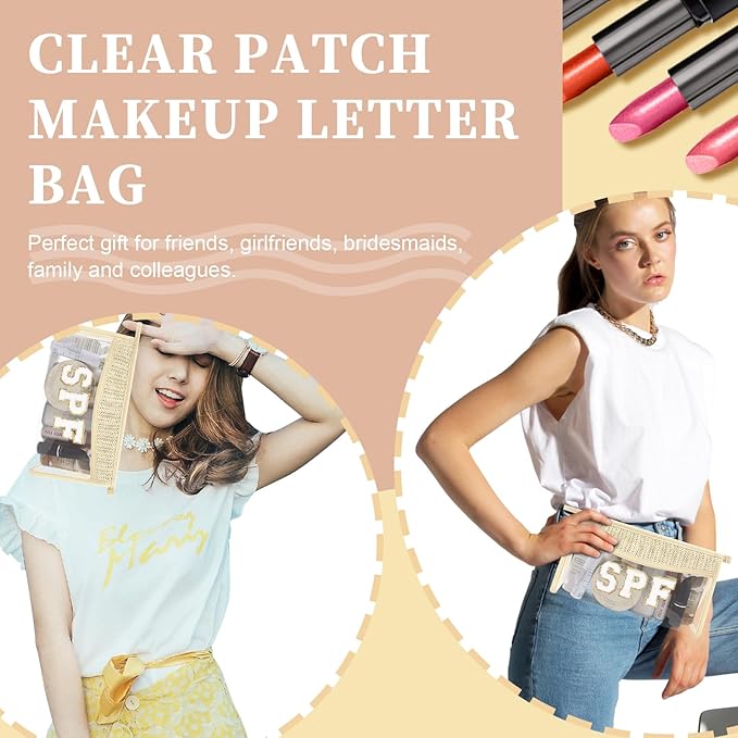Iqimott Boho Patch SPF Bag Clear Makeup Letter Bag, Waterproof Zipper Make up Bags Toiletry Pouch for Women Girls, Clear Letter Patch Cosmetic Bags Transparent Organizer Pouch for Travel(SPF, Beige)