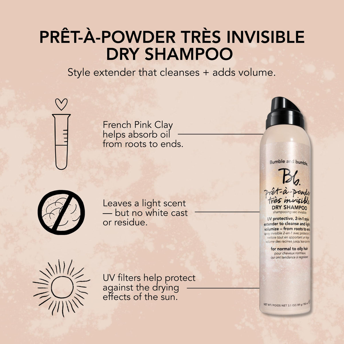 Bumble and bumble. Prêt-à-powder Très Invisible Volumizing Dry Shampoo | Lightly Volumizing, UV Protective + Absorbs Oil | Style Extender | For Fine to Medium Wavy, Straight Hair Types, 3.1 Ounce