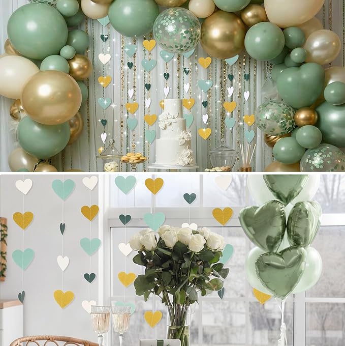 10 Pack 130ft Sage-Green Mint Beige-Gold Heart Party Garland Asymmetrical Love Hanging Banners for Birthday Wedding Decoration Bridal Shower Engagement Party