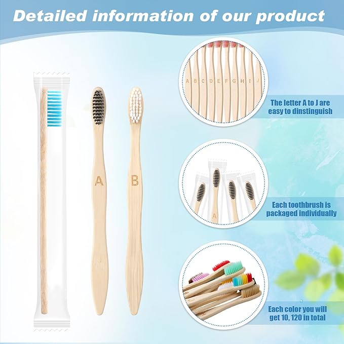 Sieral 120 Pcs 6.9 Inch Bamboo Toothbrush with Toothpaste Individually Wrapped Disposable Toothbrushes Travel Toothbrush Kit for Hotel Homeless Shelter Camping and Travel, 12 Colors