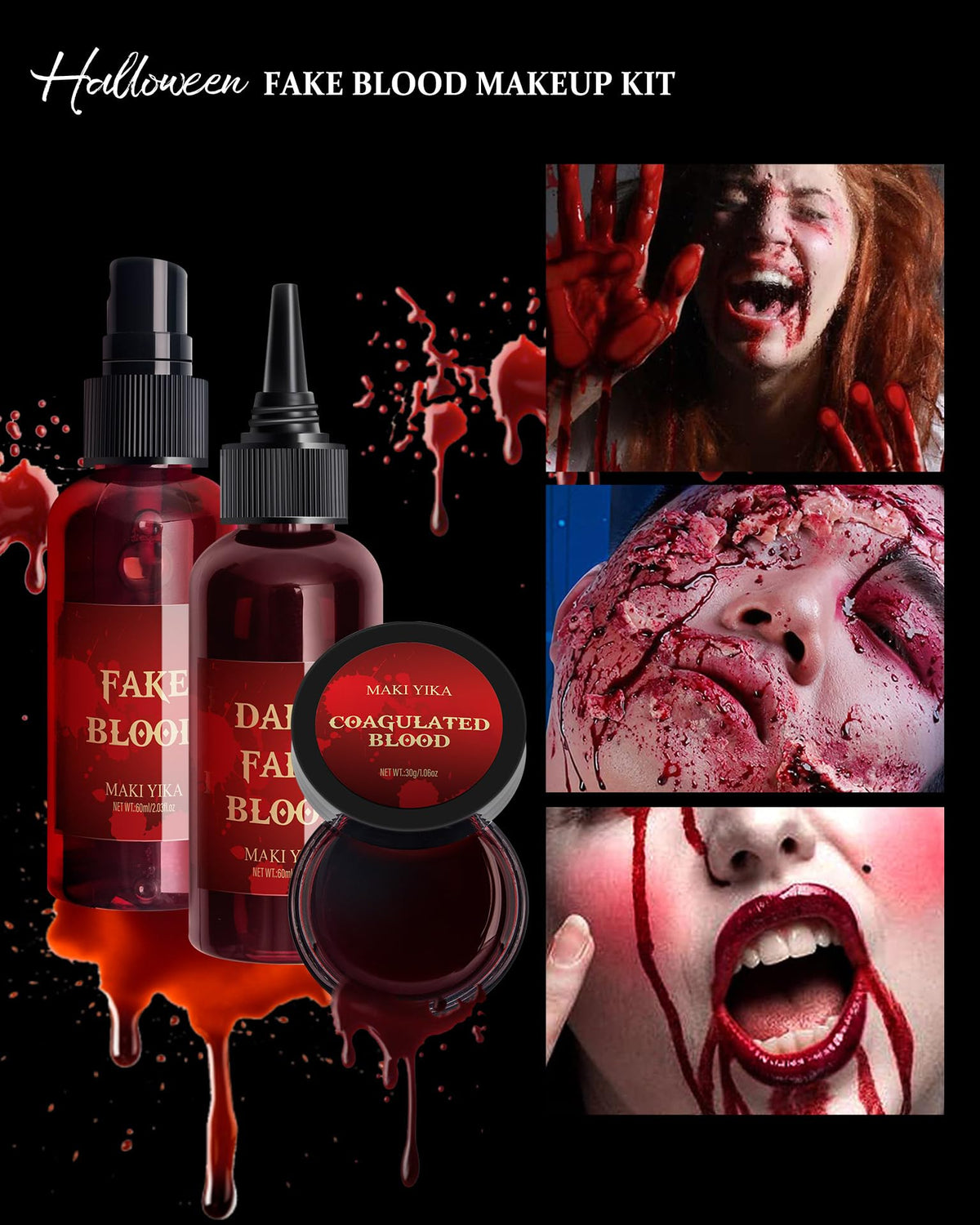 Halloween Fake Blood Spray 2.03oz + Dripping Blood 2.03oz+Coagulated Blood 1.06oz Washable Realistic Fake Blood for Clothes Sfx Special Effects Makeup Kit for Vampire Zombie (3Red)
