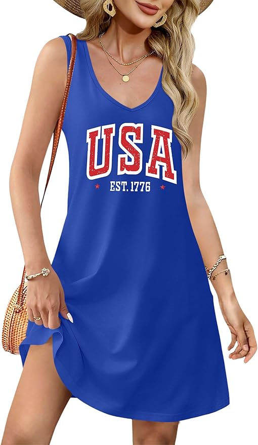LHBNK 4th of July Dress for Women: American Flag Tank Dresses Star Striped Splicing Loose V Neck Sundresses