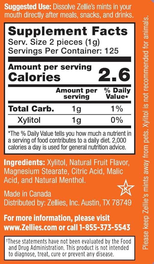 Zellie's | 100% Xylitol Cool Fruit Mints Breath Mints | No Aspartame, Gluten Free, Vegan & Kosher (250 Count - Pack of 1)