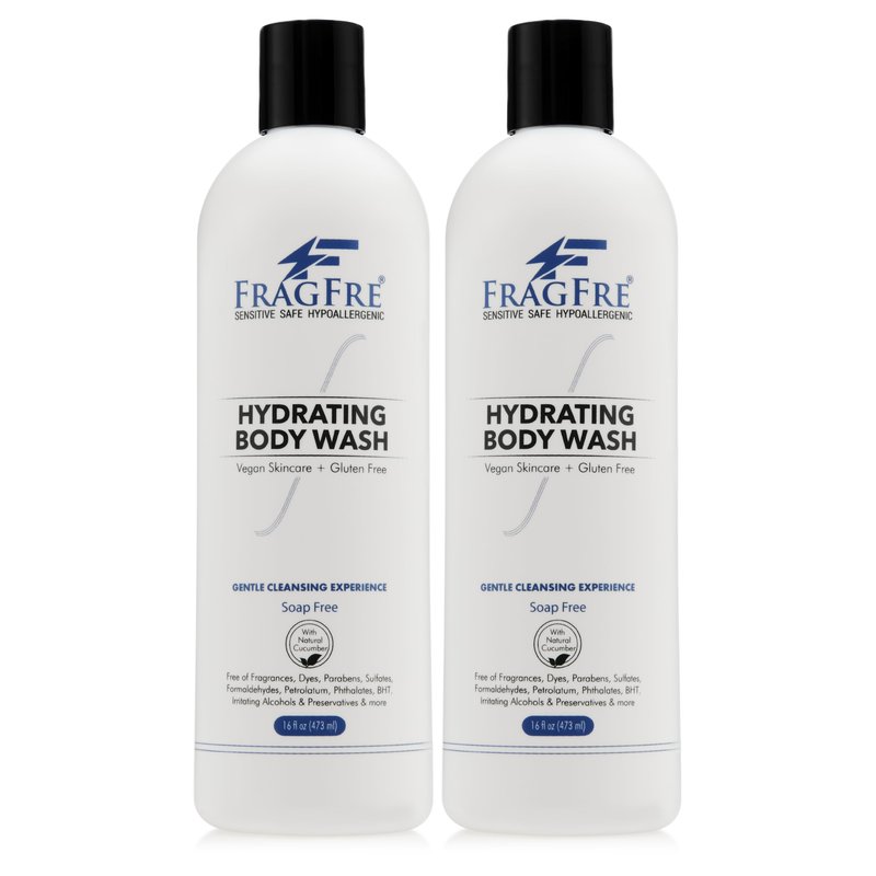 FRAGFRE Sensitive Body Wash 16 oz (2-Pack Gift Set) - Paraben Free Sulfate Free Body Cleanser - Hypoallergenic for Delicate and Flaky Skins - No Added Fragrance - Cucumber for Hydration - Vegan GF/CF