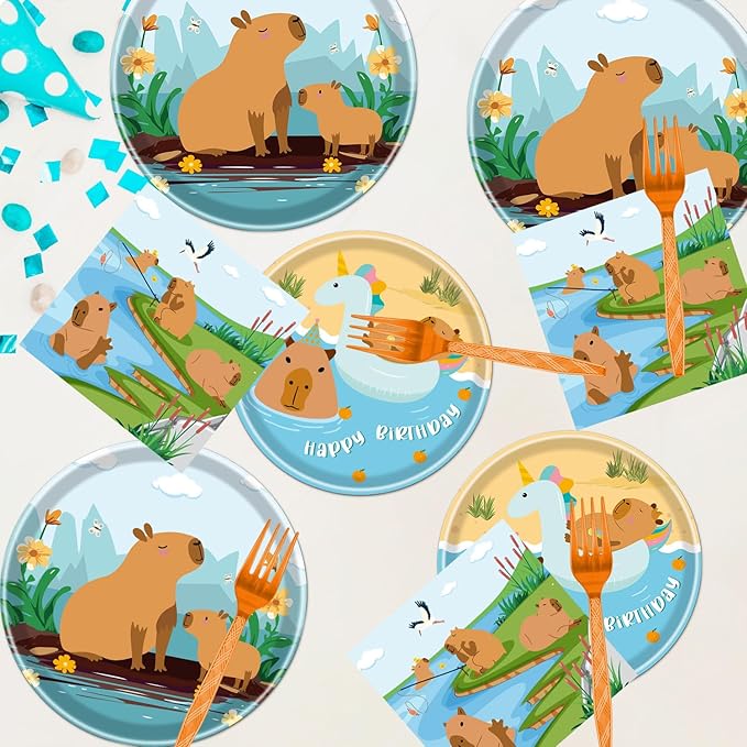 Rakuto Capybara Birthday Party Decorations, 96PCS Disposable Capybara Plates and Napkins Forks, Cute Animals Themed Dinnerware Set Tableware Supplies Serve 24