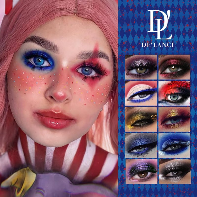 DE'LANCI Red Blue Multichrome Eyeshadow Palette, High Pigment Metallic Silver Shimmer Eyeshadow for Goth, Clown/Joker Smoky Makeup, Longwear Vegan Chameleon Iridescent Black Halloween Cosplay Party