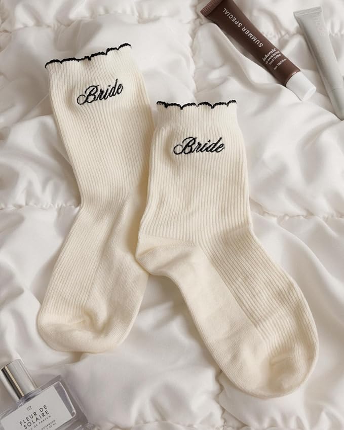 xo, Fetti Bride Ruffle Socks | Bachelorette Party, Bridal Shower Gift, Bride to Be, Wedding, Engagement, White Socks, Black Embroidery, Girly